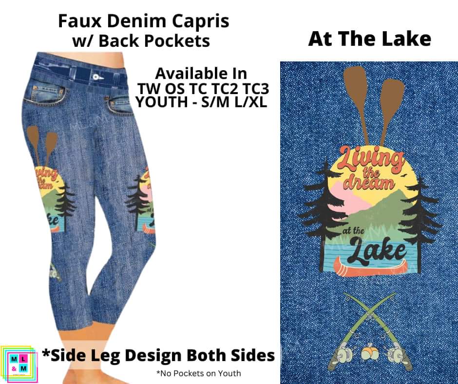 At The Lake Faux Denim w/ Side Leg Designs Capris