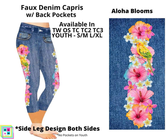 Aloha Blooms Faux Denim w/ Side Leg Designs Capris