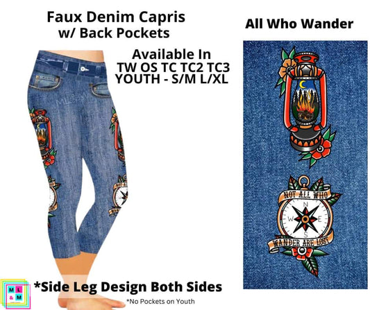 All Who Wander Faux Denim w/ Side Leg Designs Capris