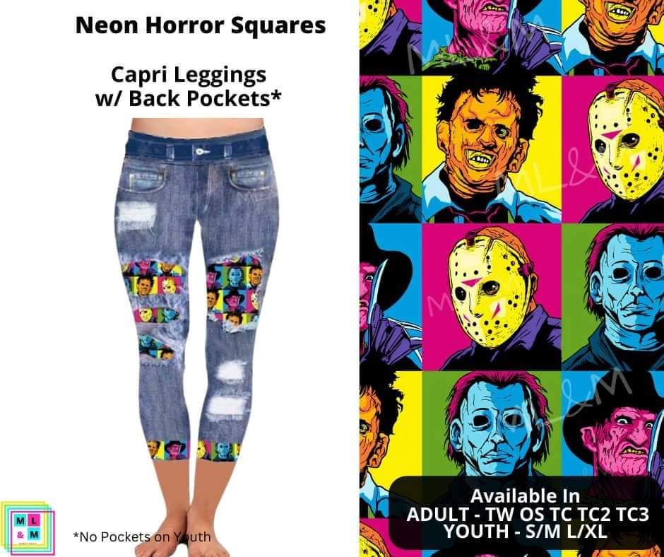 Neon Horror Squares Faux Denim Capris