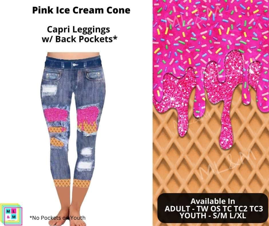 Pink Ice Cream Cone Faux Denim Capris