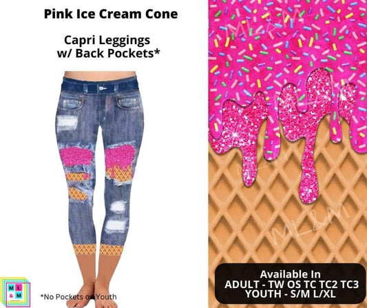 Pink Ice Cream Cone Faux Denim Capris
