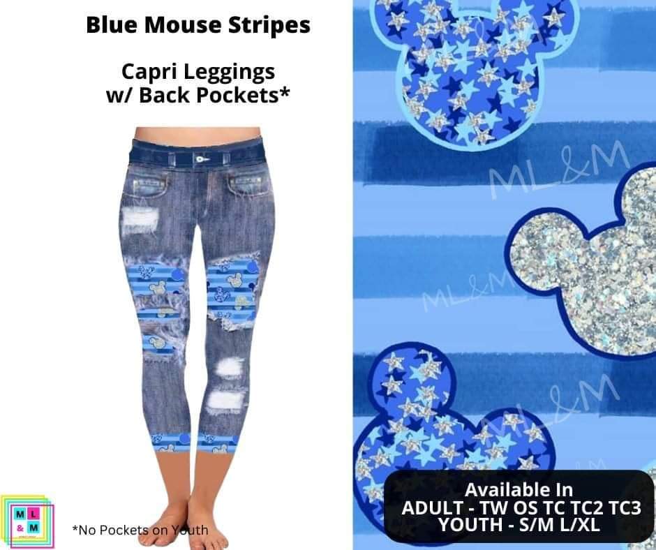 Blue Mouse Stripes Faux Denim Capris