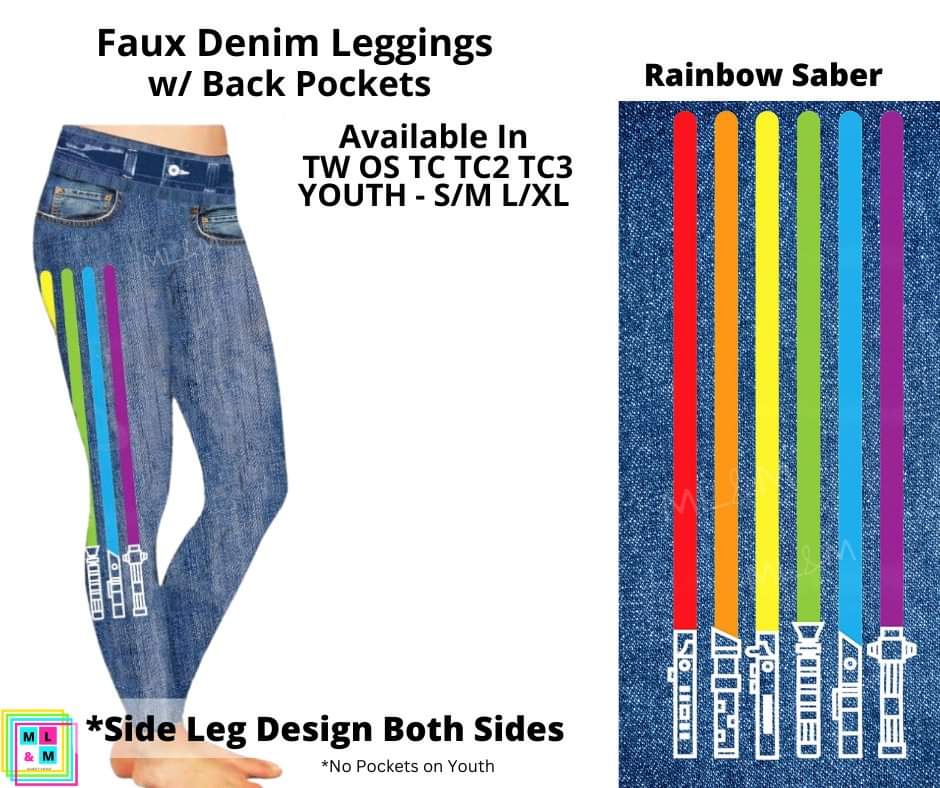 Rainbow Saber Faux Denim w/ Side Leg Designs Full Length