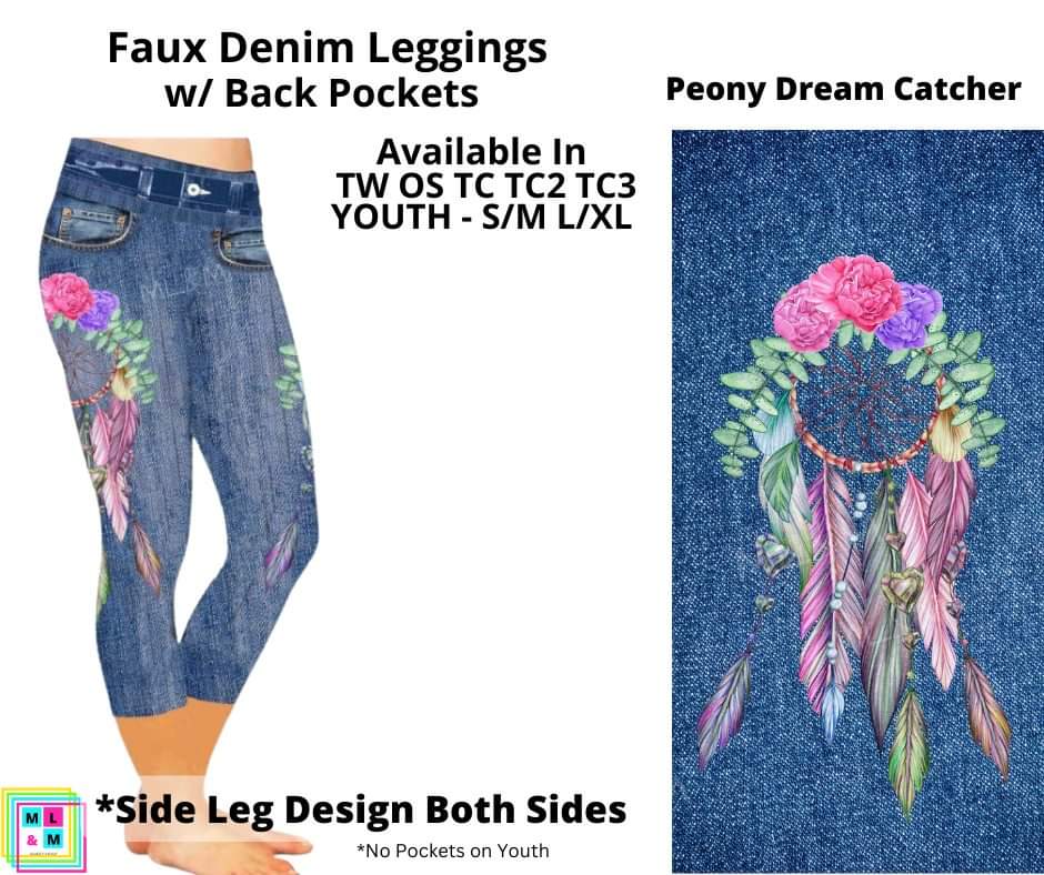 Peony Dream Catcher Faux Denim w/ Side Leg Designs Capris