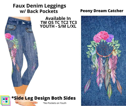 Peony Dream Catcher Faux Denim w/ Side Leg Designs Capris