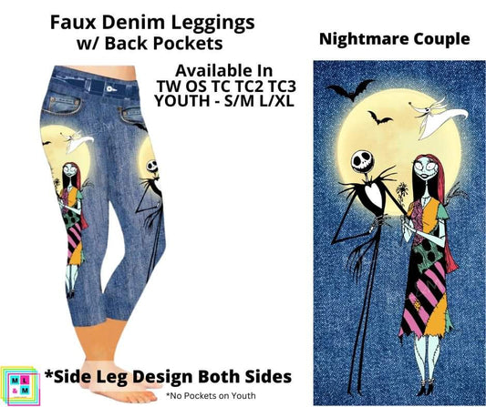 Nightmare Couple Faux Denim w/ Side Leg Designs Capris