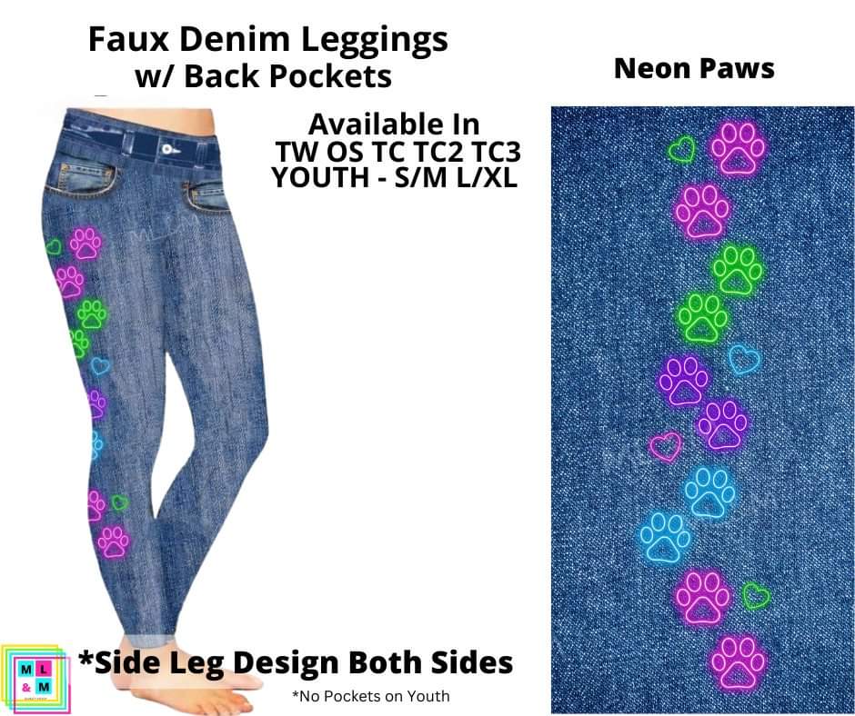 Neon Paws Faux Denim w/ Side Leg Designs Full Length