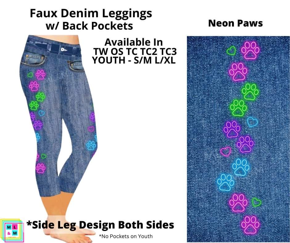 Neon Paws Faux Denim w/ Side Leg Designs Capris