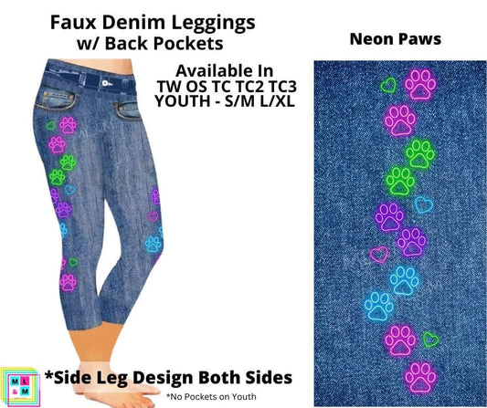 Neon Paws Faux Denim w/ Side Leg Designs Capris