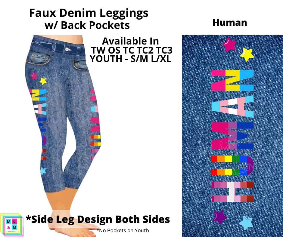 Human Faux Denim w/ Side Leg Designs Capris