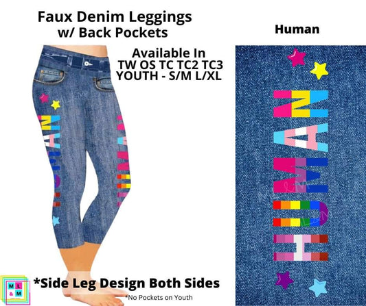 Human Faux Denim w/ Side Leg Designs Capris