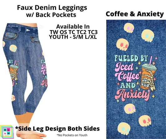 Coffee & Anxiety Faux Denim w/ Side Leg Designs Capris