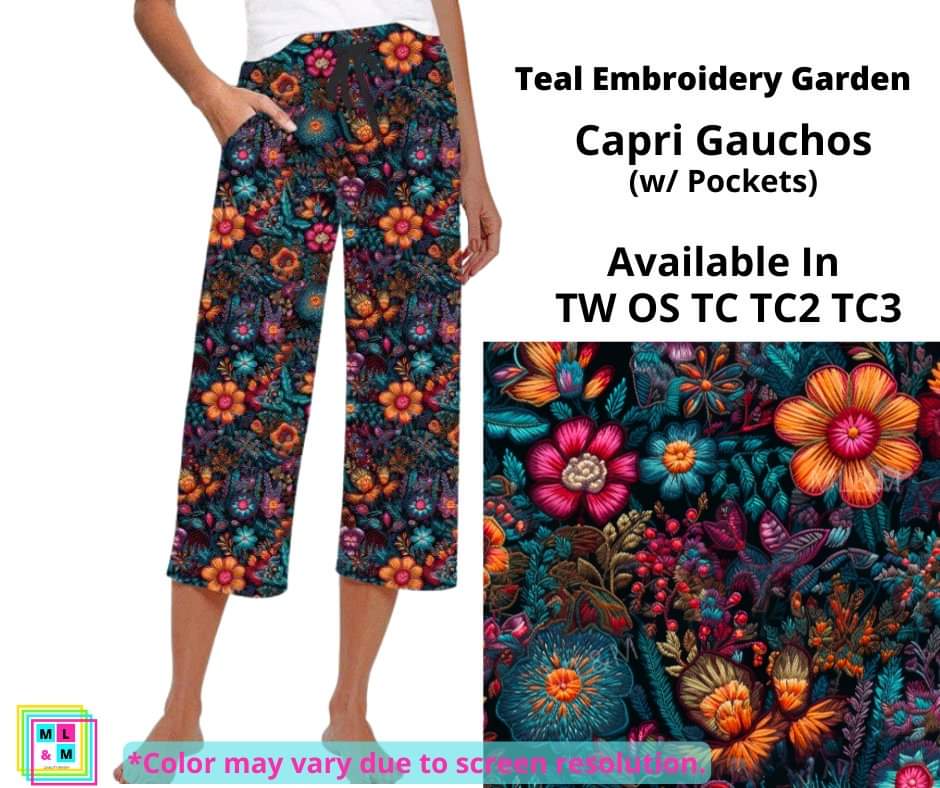 Teal Embroidery Garden Capri Gauchos