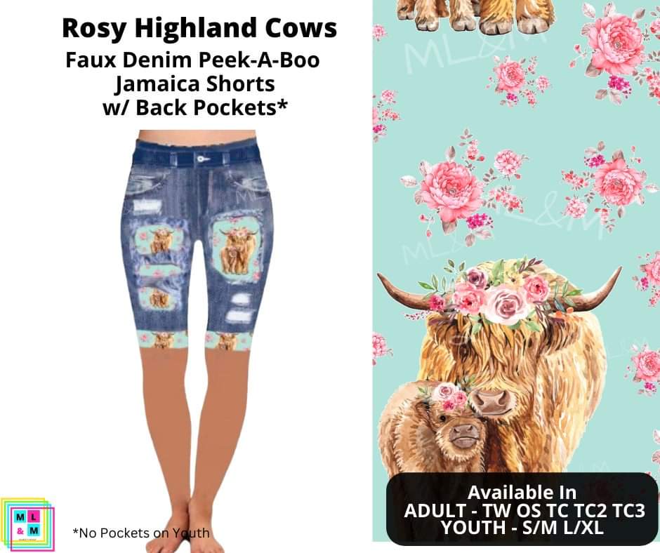 Rosy Highland Cows Faux Denim Jamaica Shorts