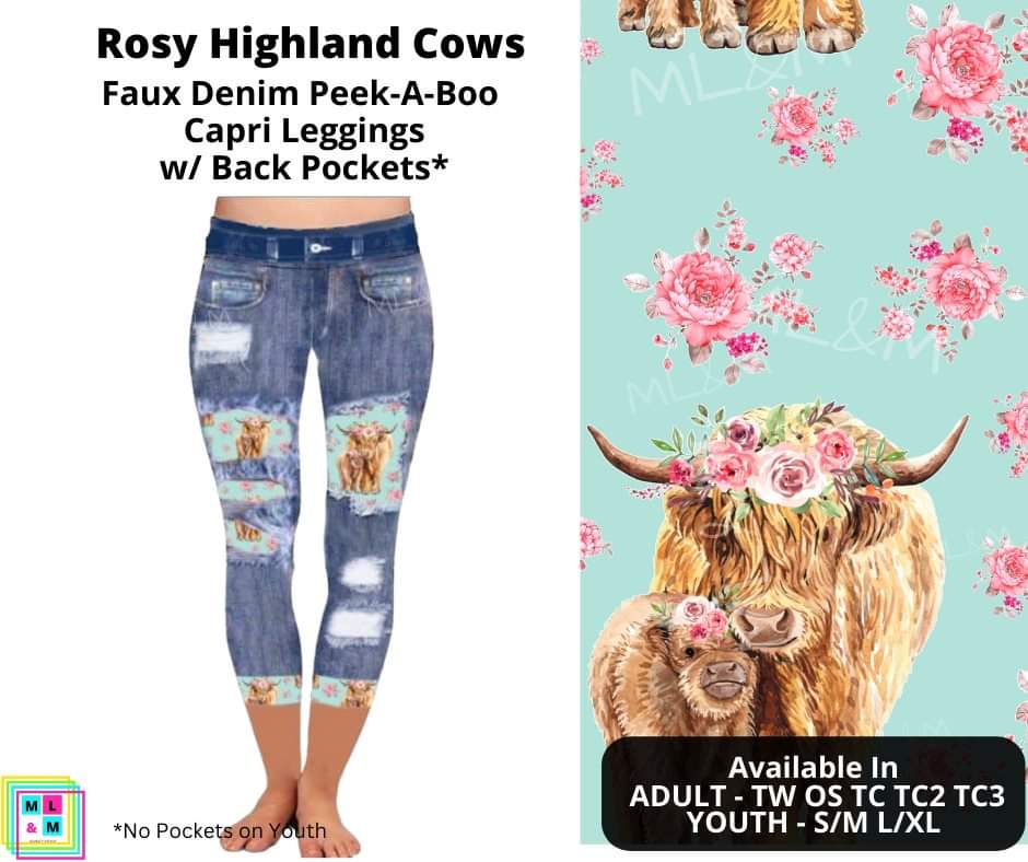 Rosy Highland Cows Faux Denim Capris