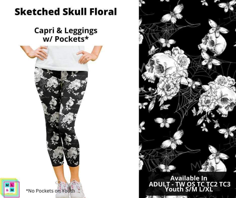 Sketched Skull Floral Capri Length w/ Pockets