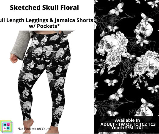 Sketched Skull Floral Full Length Leggings w/ Pockets