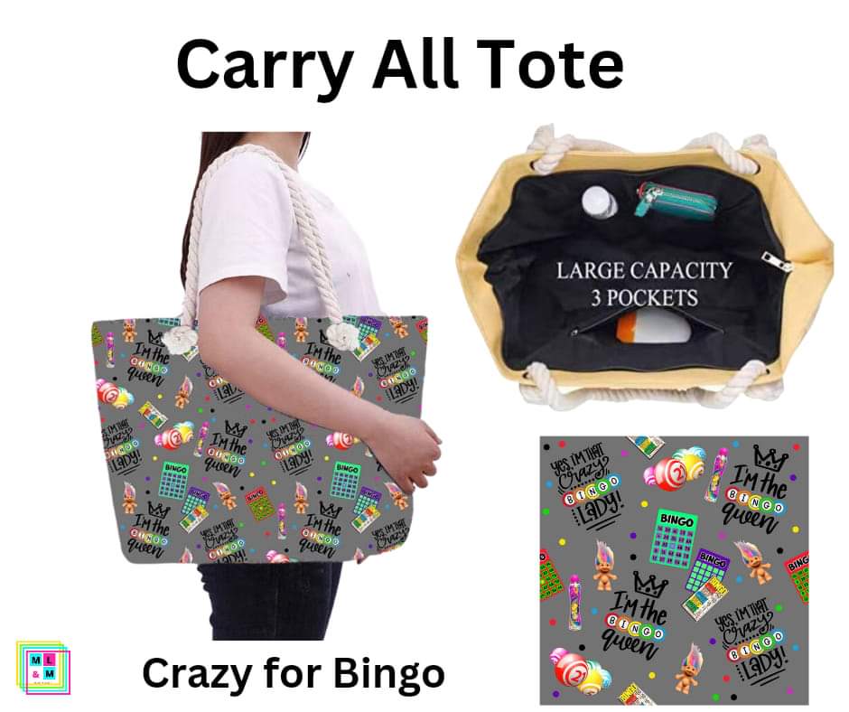 Crazy for Bingo Carry All Tote w/ Zipper
