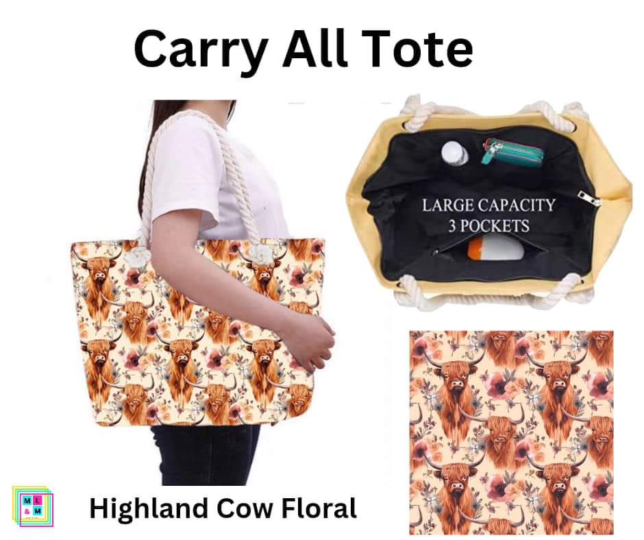 Highland Cow Floral Carry All Tote w/ Zipper