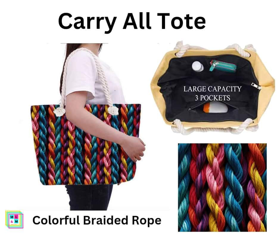 Colorful Braided Rope Carry All Tote w/ Zipper
