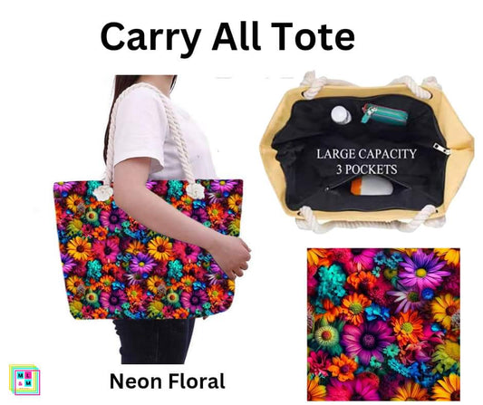 Neon Floral Carry All Tote w/ Zipper