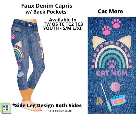 Cat Mom Faux Denim w/ Side Leg Designs Capris
