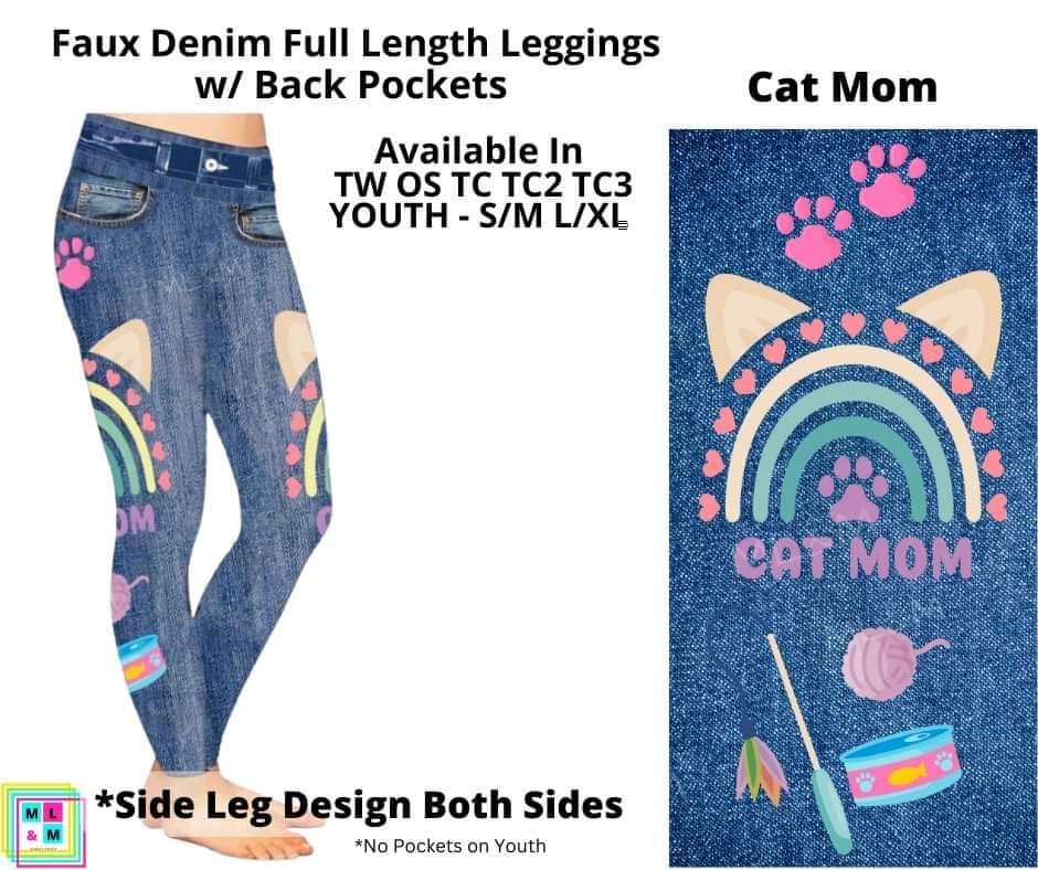 Cat Mom Faux Denim w/ Side Leg Designs Full Length