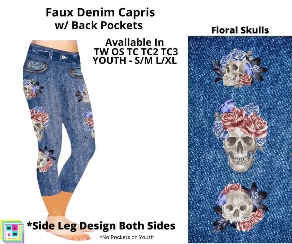 Floral Skulls Faux Denim w/ Side Leg Designs Capris