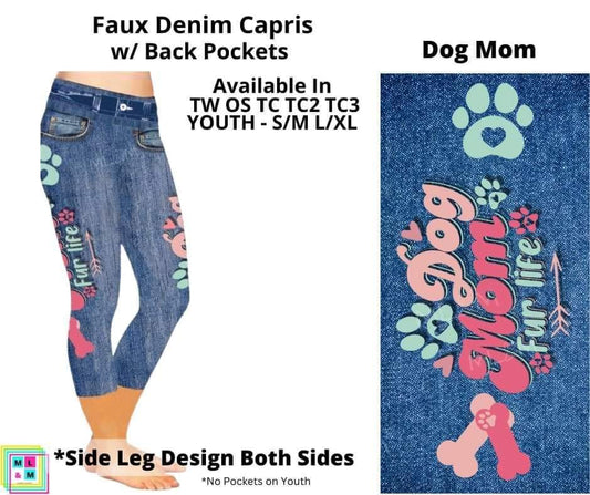 Dog Mom Faux Denim w/ Side Leg Designs Capris