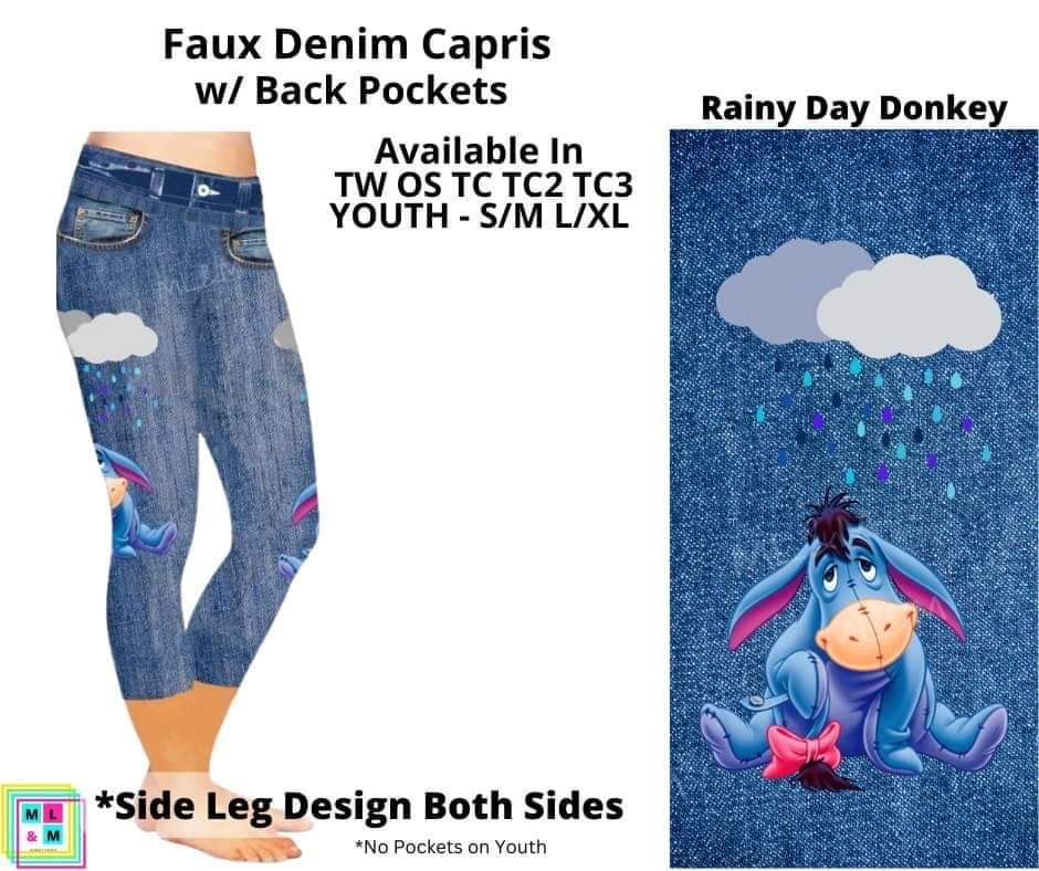 Rainy Day Donkey Faux Denim w/ Side Leg Designs Capris