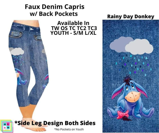 Rainy Day Donkey Faux Denim w/ Side Leg Designs Capris
