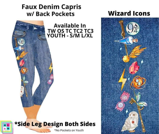 Wizard Icons Faux Denim w/ Side Leg Designs Capris