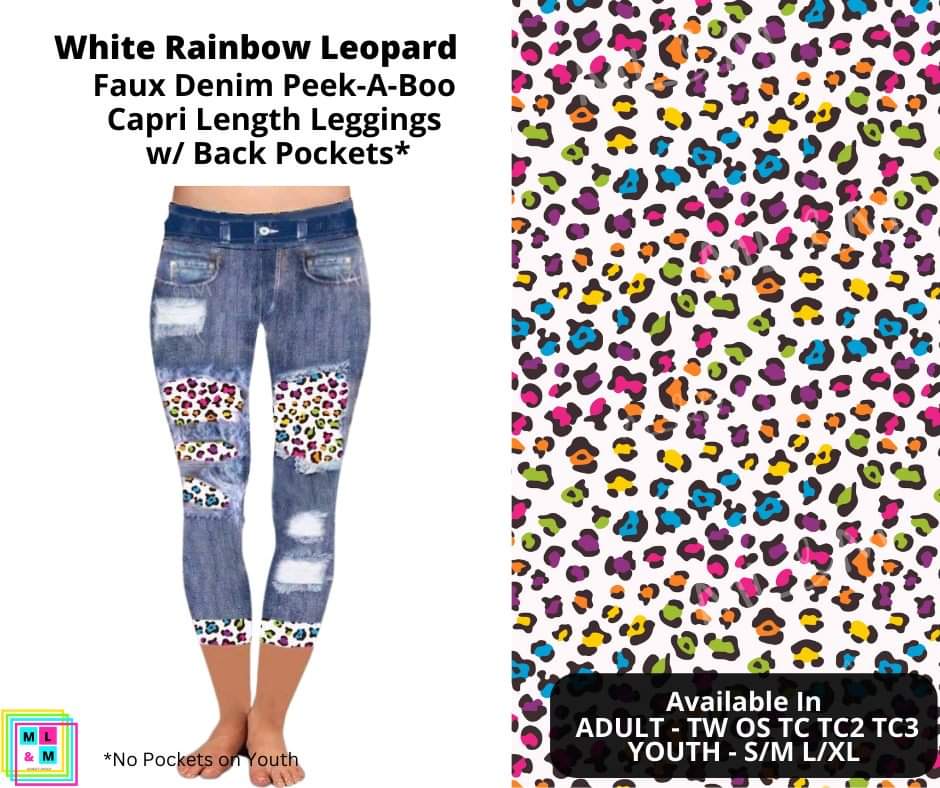 White Rainbow Leopard Faux Denim Capris