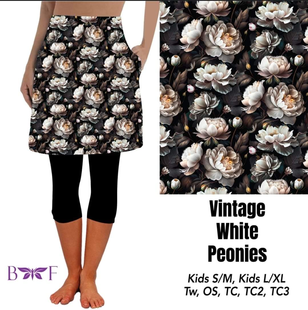 Vintage White Peonies Skirted Capris