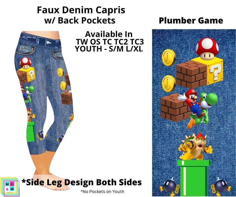 Plumber Game Capri Faux Denim w/ Side Leg Designs