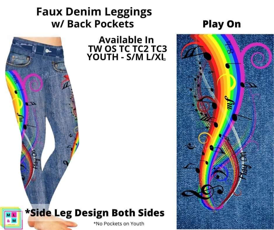 Play On Full Length Faux Denim w/ Side Leg Designs