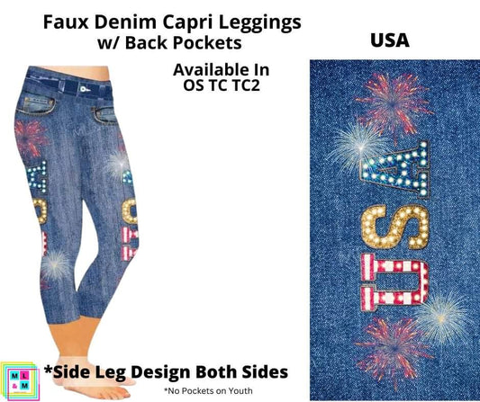 USA Capri Faux Denim w/ Side Leg Designs
