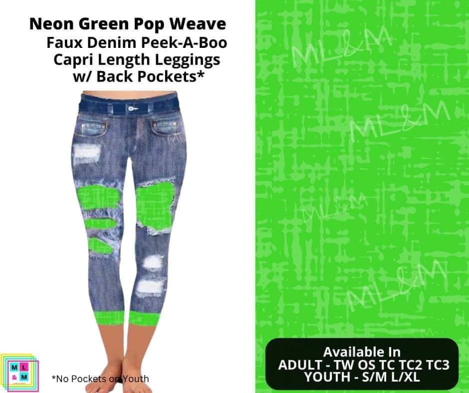 Neon Green Pop Weave Faux Denim Capris