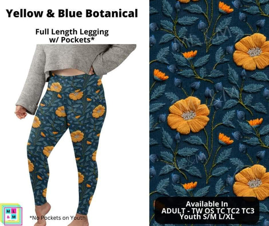 Yellow & Blue Botanical Full Length Leggings w/ Pockets