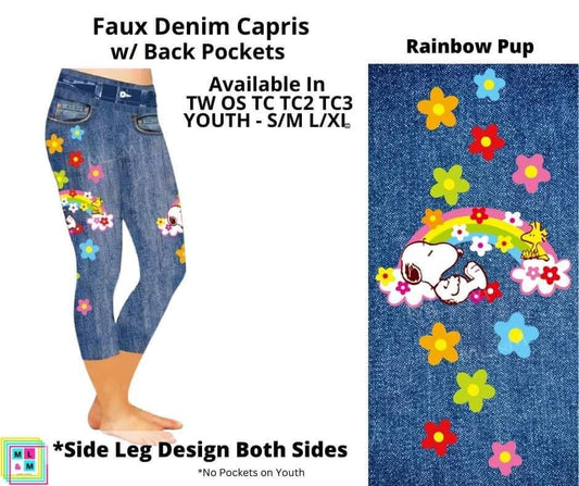 Rainbow Pup Capri Faux Denim w/ Side Leg Designs
