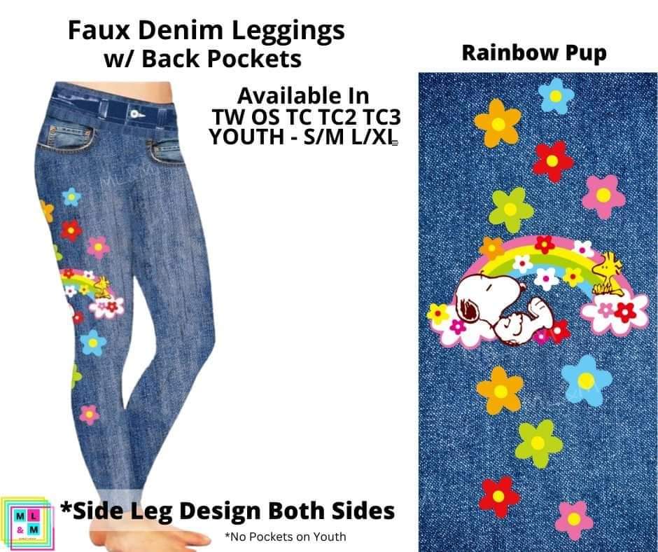 Rainbow Pup Full Length Faux Denim w/ Side Leg Designs