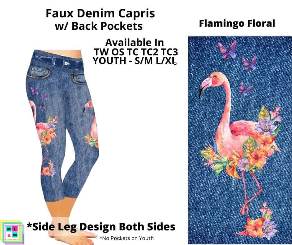 Flamingo Floral Capri Faux Denim w/ Side Leg Designs