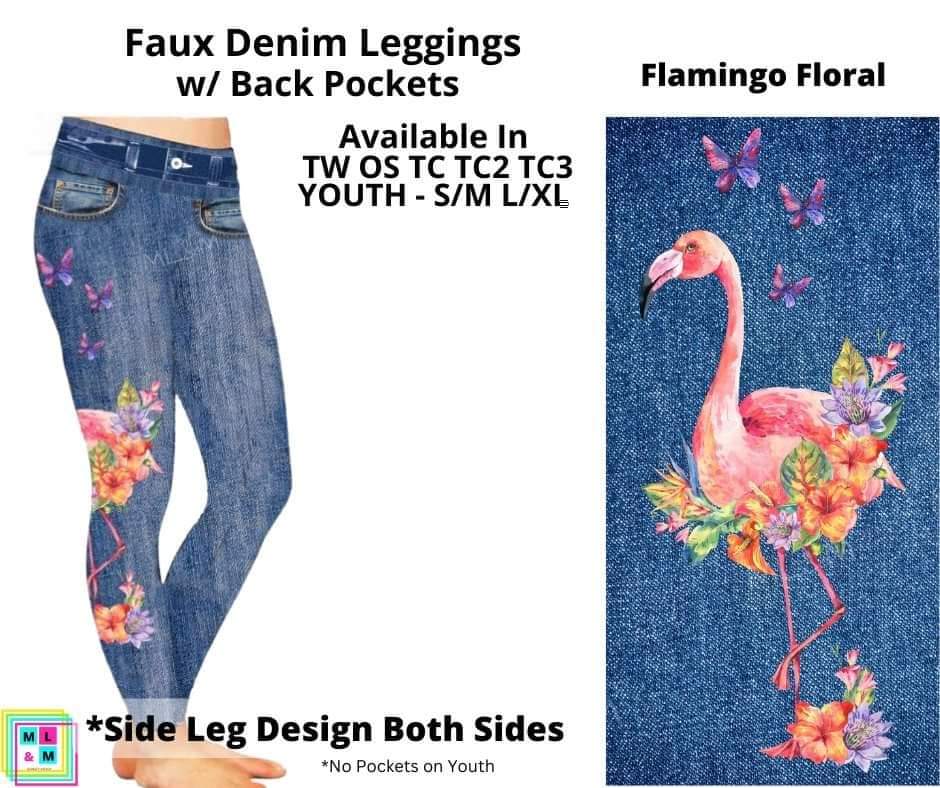 Flamingo Floral Full Length Faux Denim w/ Side Leg Designs
