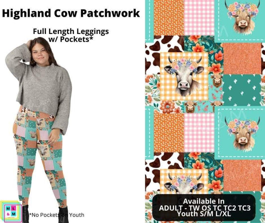 Highland Cow Patchwork Full Length Leggings w/ Pockets