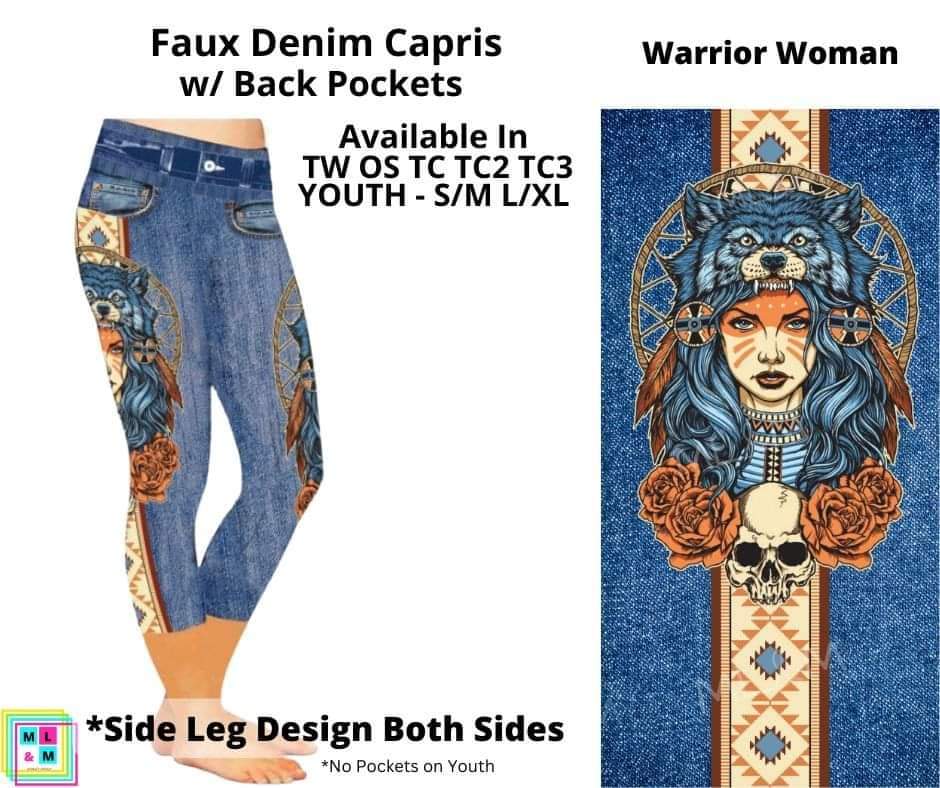 Warrior Woman Capri Faux Denim w/ Side Leg Designs