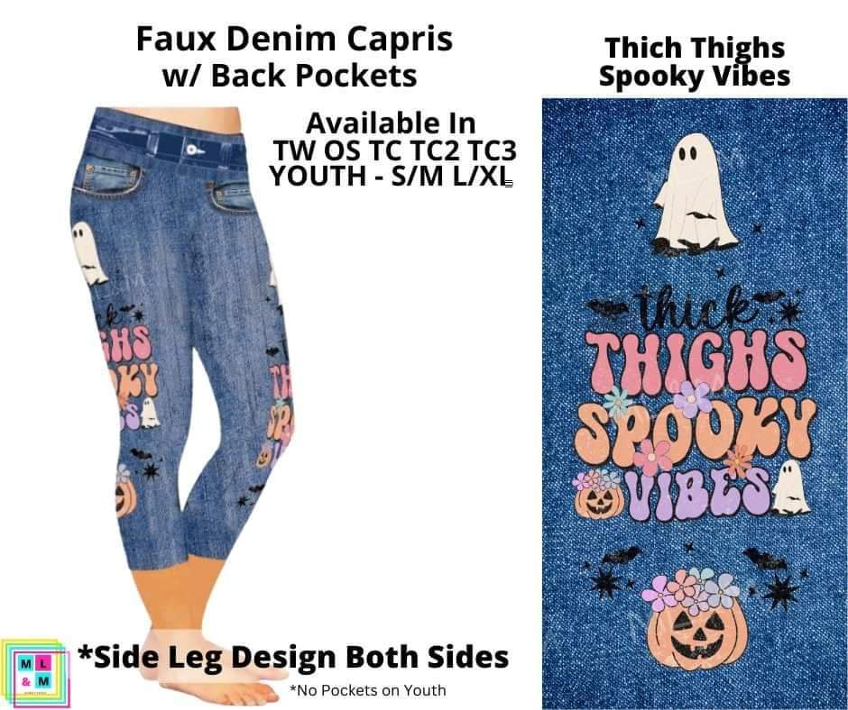 Thick Thighs Spooky Vibes Capri Faux Denim w/ Side Leg Designs