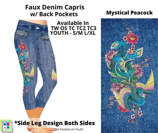 Mystical Peacock Capri Faux Denim w/ Side Leg Designs
