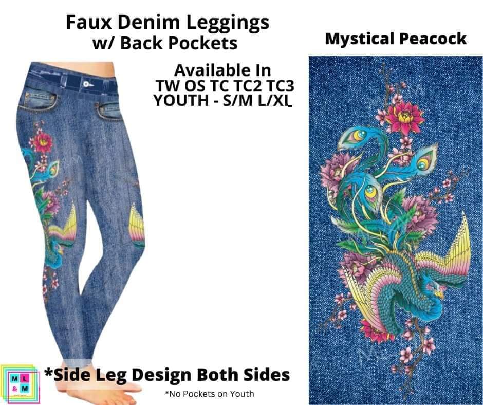 Mystical Peacock Full Length Faux Denim w/ Side Leg Designs