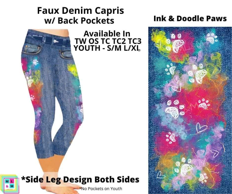 Ink & Doodle Paws Capri Faux Denim w/ Side Leg Designs
